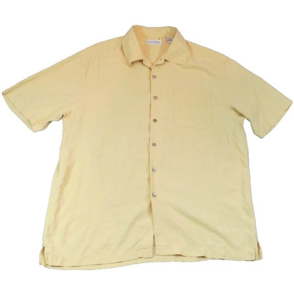 Anthology Mens XL Yellow Silk Shirt Short Sleeve Textured Camp Button Up Collar